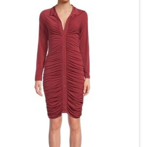 Renee C. Burgundy Long Sleeve Ruched Dress